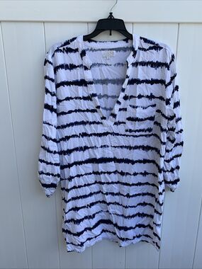 Mud Pie Womens Small Navy White Tunic 3/4 Sleeve Split Neck Rayon